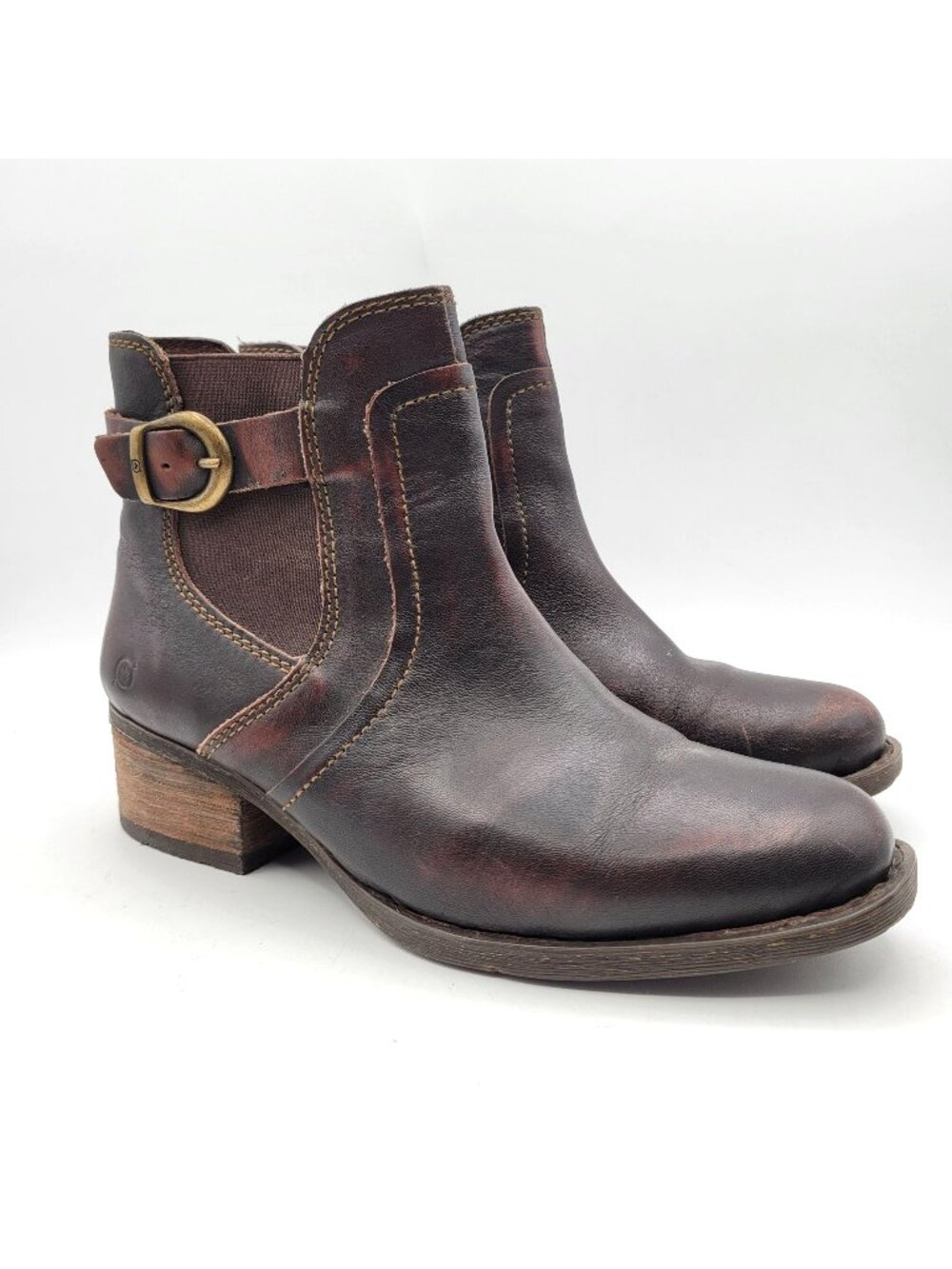 Born Mohan Leather Ankle Boots Mahogany Brown Buckle Chelsea Comfort Womens 7.5